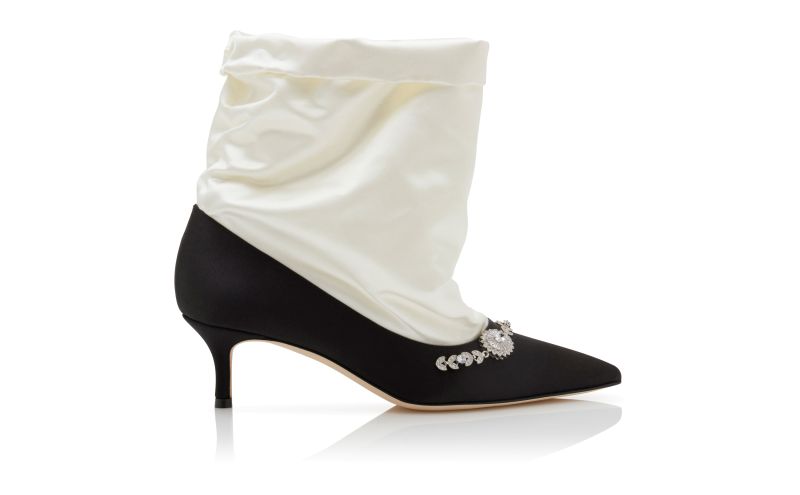 Side view of Lamik, Black and Cream Satin Shoe Booties - £615.00