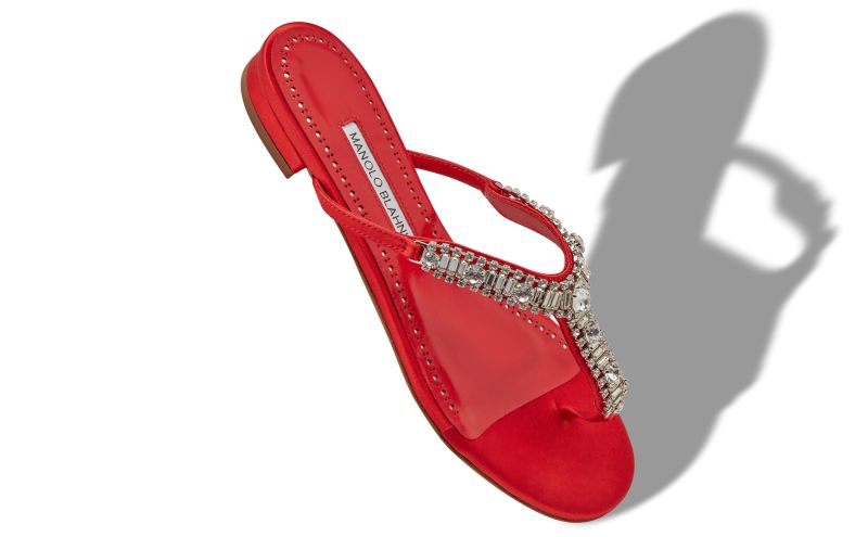 Feona, Red Satin Jewel Embellished Flat Sandals - US$1,235.00 