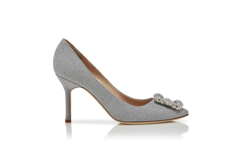 Side view of Hangisi glitter 90, Silver Glitter Fabric Jewel Buckle Pumps - CA$1,595.00