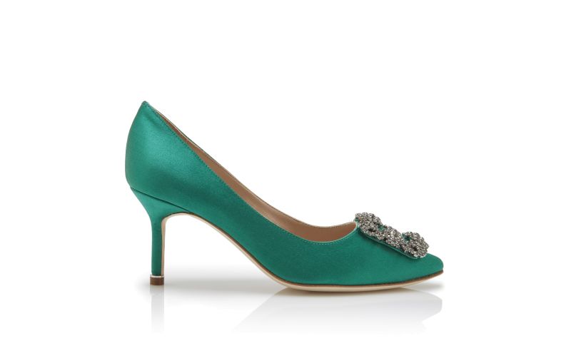 Side view of Hangisi 70, Green Satin Jewel Buckle Pumps - AU$1,945.00