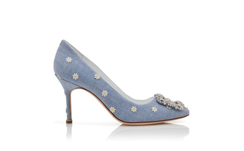 Side view of Hangisi 90, Blue and White Chambray Jewel Buckle Pumps - US$735.00