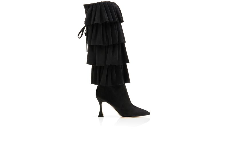 Side view of Miralone, Black Suede Ruffled Knee High Boots - £1,098.00