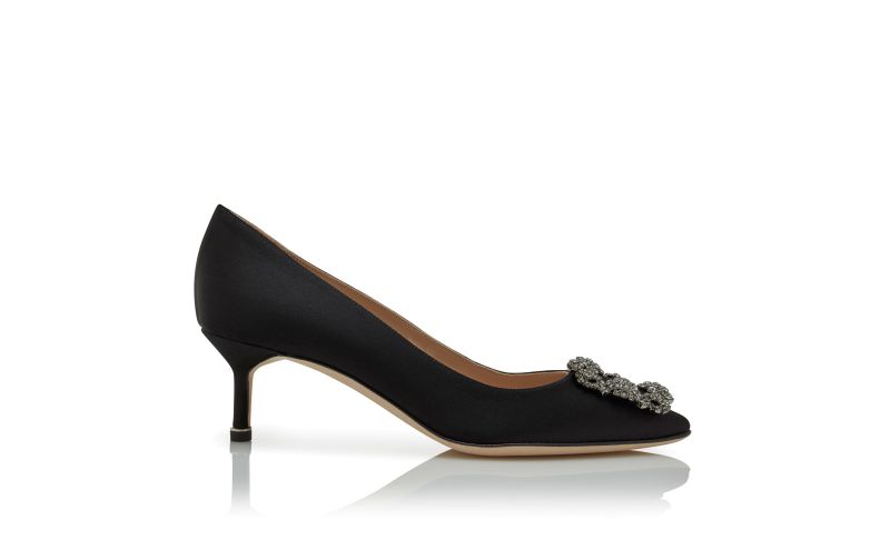 Side view of Hangisi 50, Black Satin Jewel Buckle Pumps - US$1,295.00