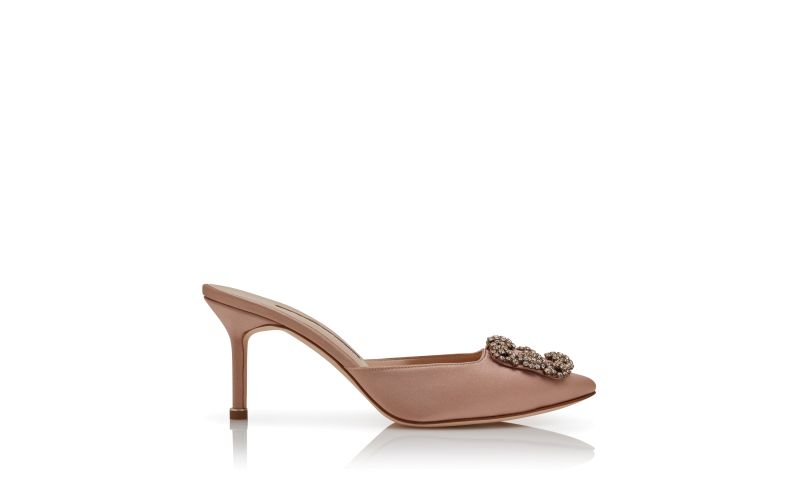 Side view of Hangisimu, Beige Satin Jewel Buckle Mules - US$1,195.00