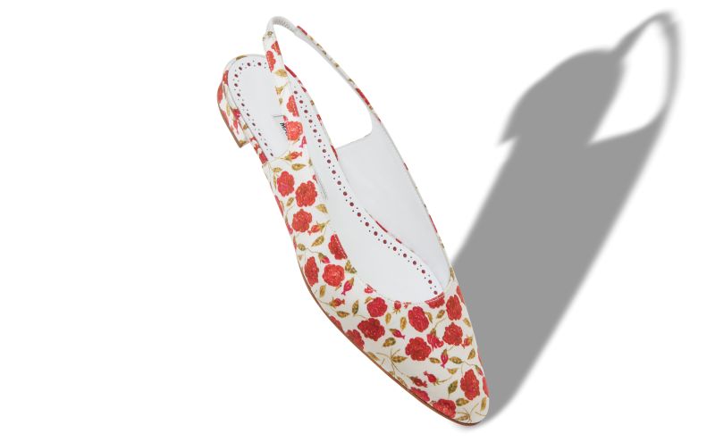 Sawra, White and Red Satin Slingback Flat Pumps  - US$388.00 