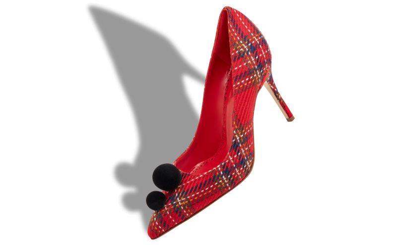 Piera, Red Wool Tartan Pom Pom Detail Pumps - US$463.00