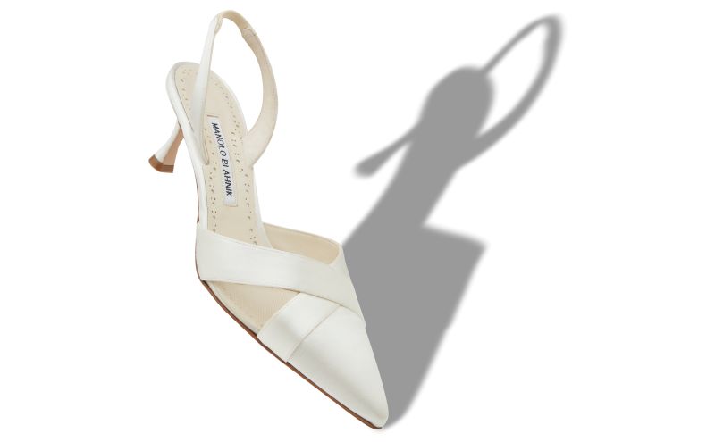 Oyounasli, Light Cream Satin Crossover Slingback Pumps - US$965.00 