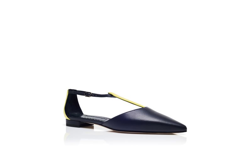 Akino, Navy Blue and Yellow Nappa Leather Flat Pumps - US$965.00