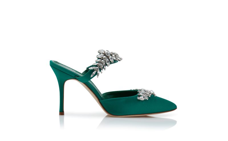 Side view of Lurum, Green Satin Crystal Embellished Mules - AU$2,295.00