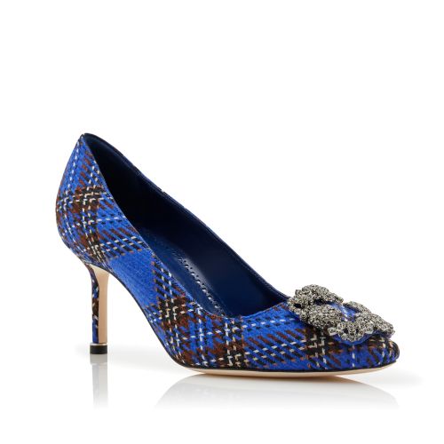 Blue Wool Tartan Jewel Buckle Pumps