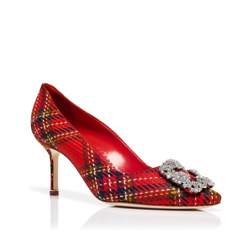 Red Wool Tartan Jewel Buckle Pumps 