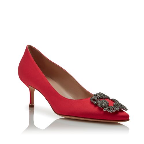 Red Satin Jewel Buckle Pumps