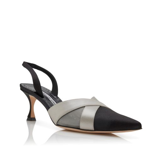 Black and Grey Satin Crossover Slingback Pumps