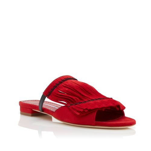 Red Suede Fringe Detail Flat Sandals  