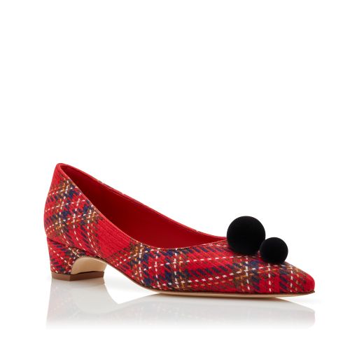 Red Wool Tartan Pom Pom Detail Pumps