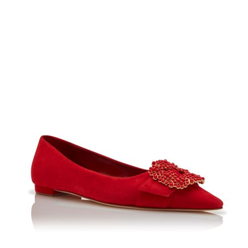 Red Suede Pearl Buckle Flat Pumps