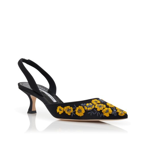 Black and Yellow Silk Slingback Pumps