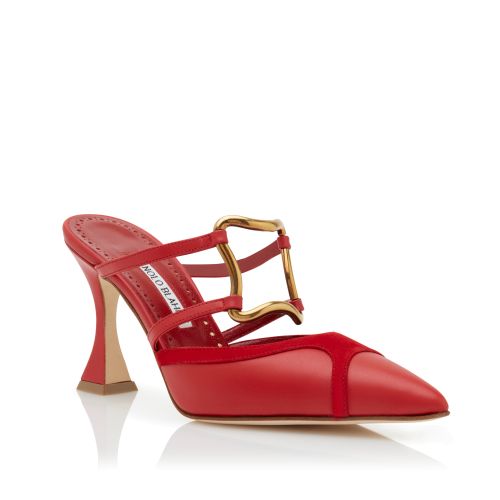 Red Calf Leather Buckle Detail Mules