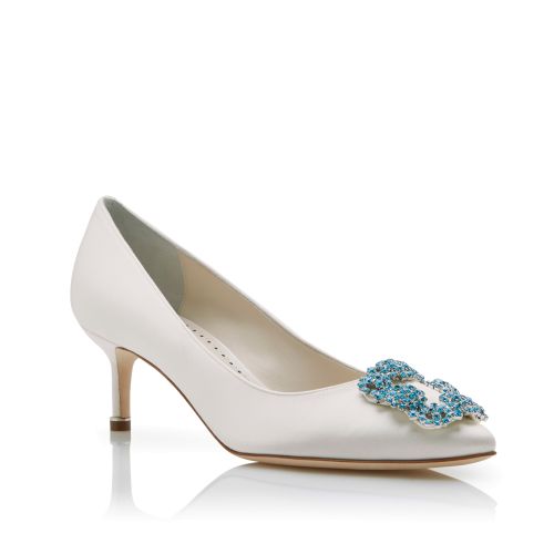 White Satin Jewel Buckle Pumps