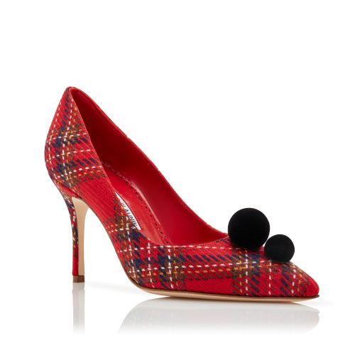 Red Wool Tartan Pom Pom Detail Pumps