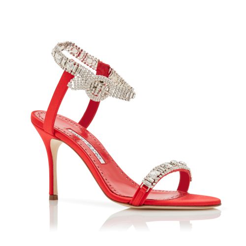 Red Satin Jewel Embellished Sandals