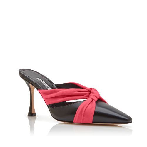 Black and Pink Nappa Leather Bow Detail Mules