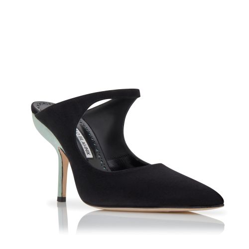 Black and Green Suede Pointed Toe Mules