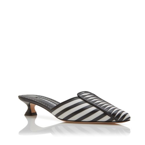 Cream and Black Linen Striped Mules