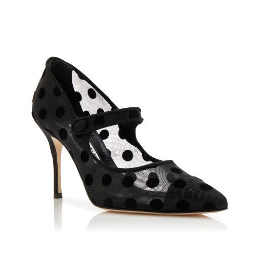 Manolo Blahnik Camparimesh Black Mesh Polka Dot Pointed Toe Pumps