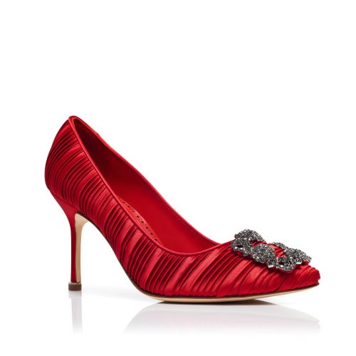 Red Satin Jewel Buckle Pumps