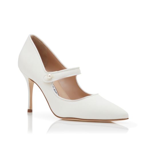 White Crepe De Chine Mary Jane Pumps
