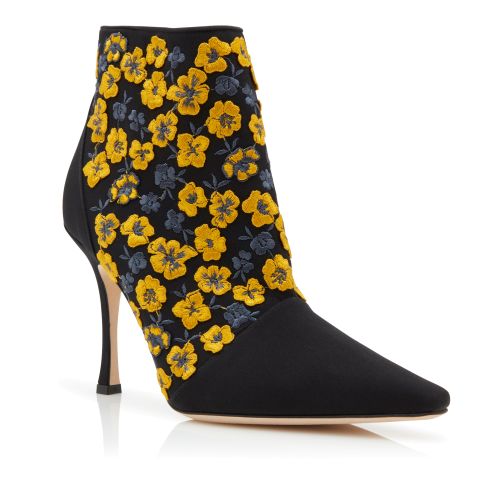 Black and Yellow Silk Embroidered Ankle Boots