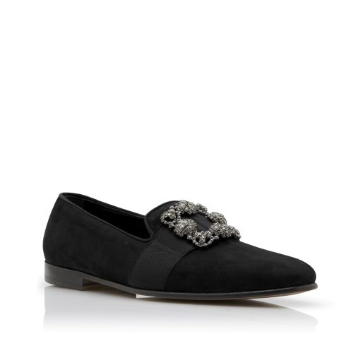 Black Suede Jewelled Buckle Loafers