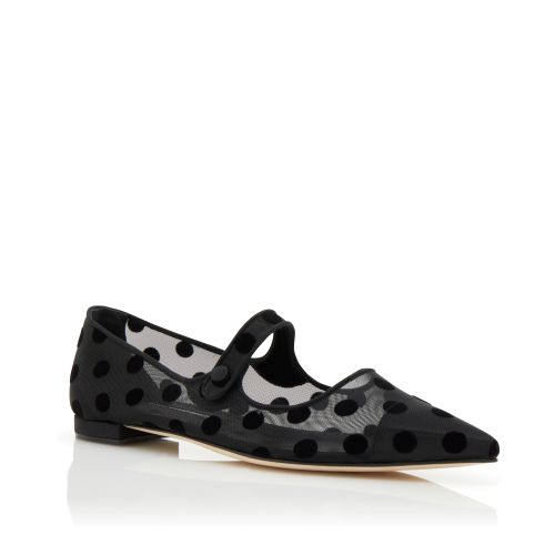 Black Mesh Polka Dot Mary Jane Flat Pumps