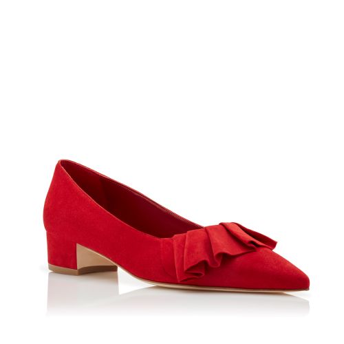 Red Suede Ruffled Pumps