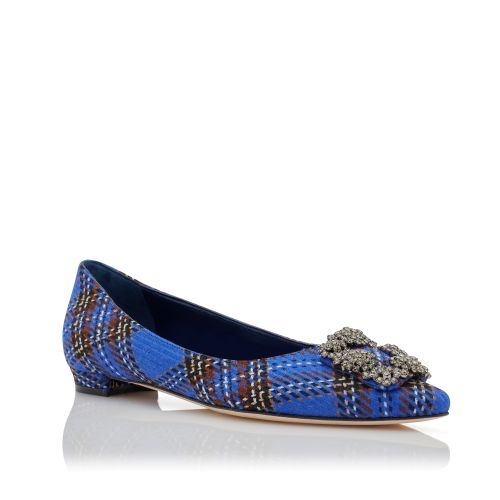 Blue Wool Tartan Jewel Buckle Flat Pumps