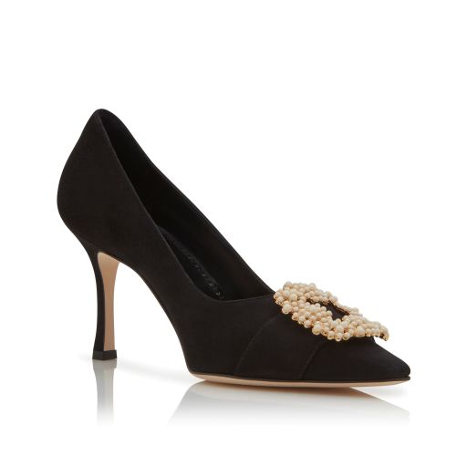 Black Suede Pearl Buckle Pumps