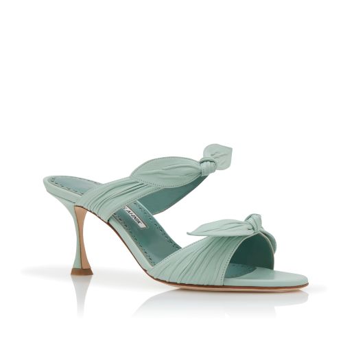 Light Green Nappa Leather Bow Detail Mules