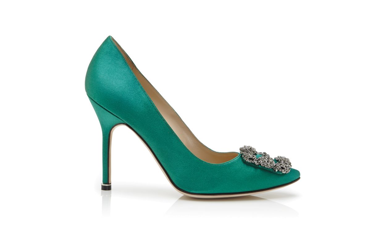 green satin pumps