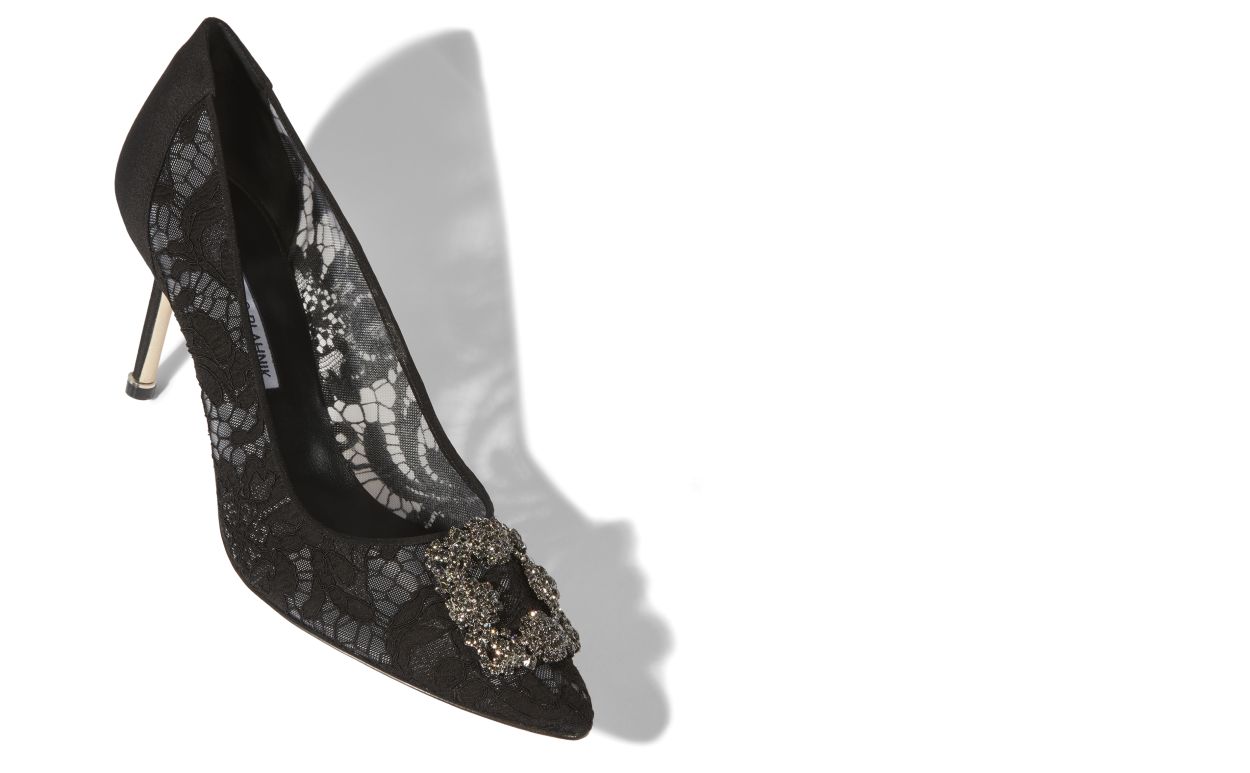 HANGISI LACE 70 | Black Lace Jewel Buckle Pumps | Manolo Blahnik