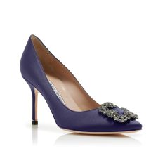 HANGISI 90 | Dark Blue Satin Jewel Buckle Pumps | Manolo Blahnik