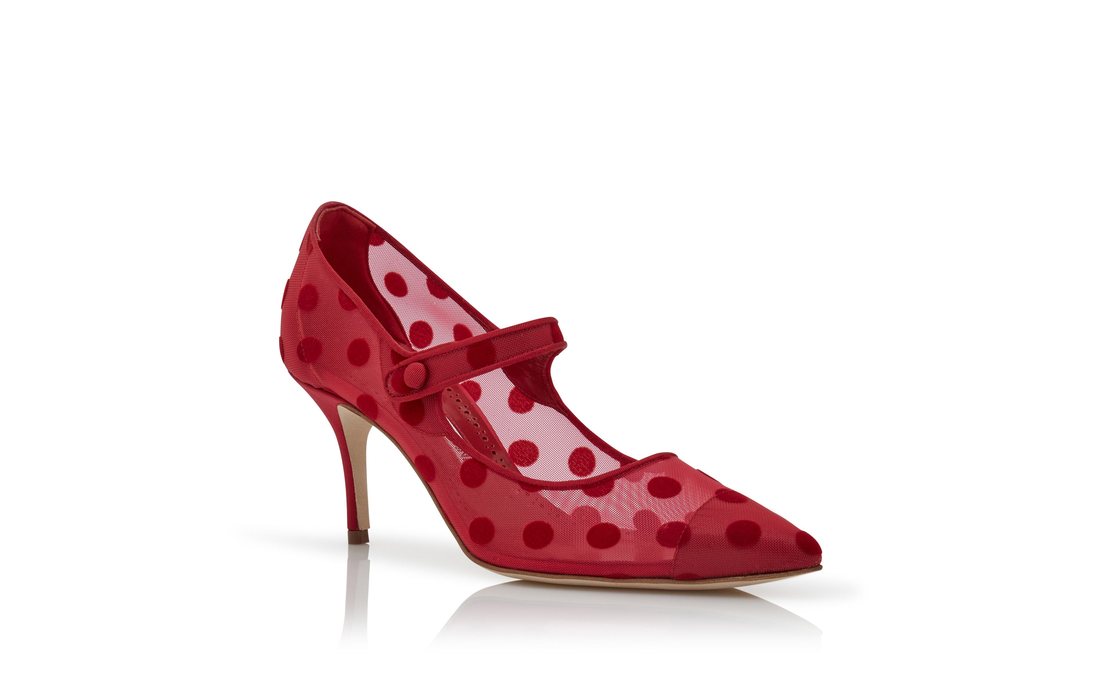 Designer Red Mesh Polka Dot Pointed Toe Pumps - Image Upsell