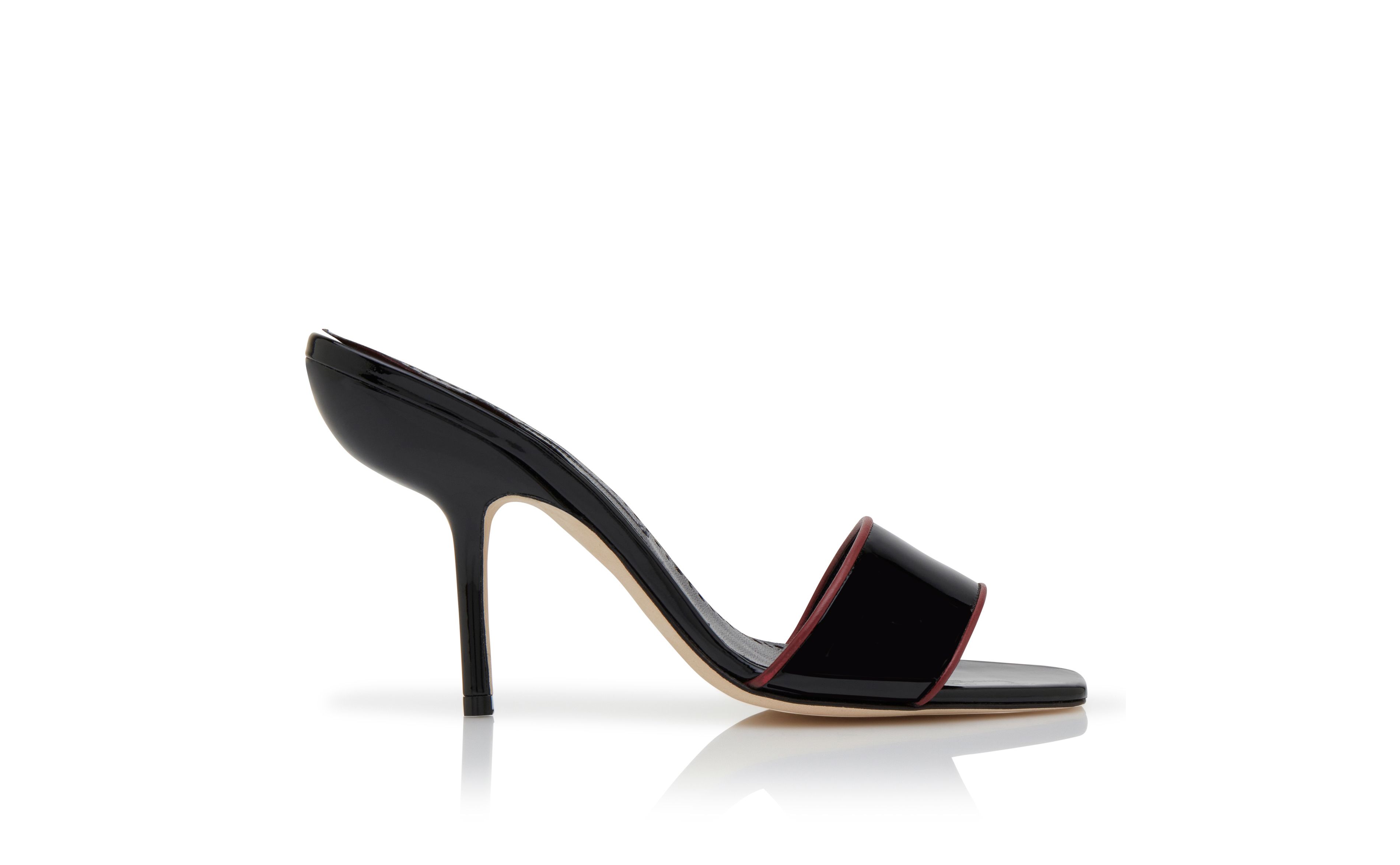 Designer Black Patent Leather Open Toe Mules  - Image Side View