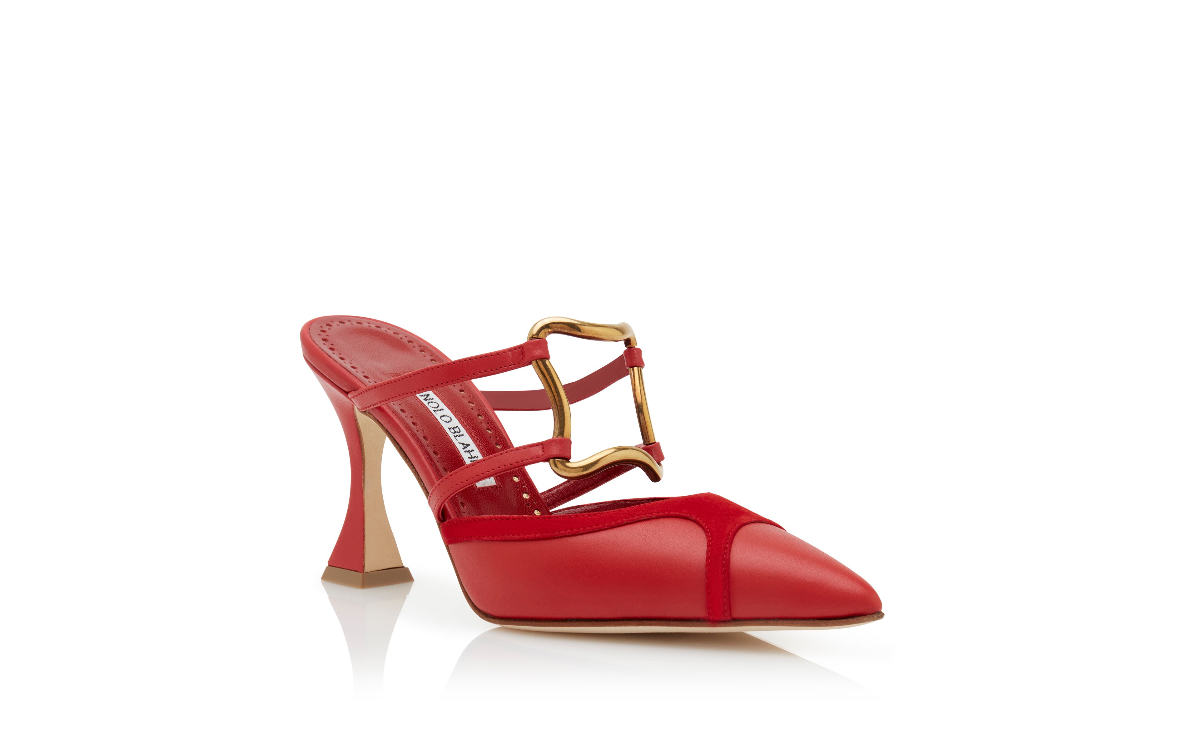 Designer Red Calf Leather Buckle Detail Mules - Image Upsell