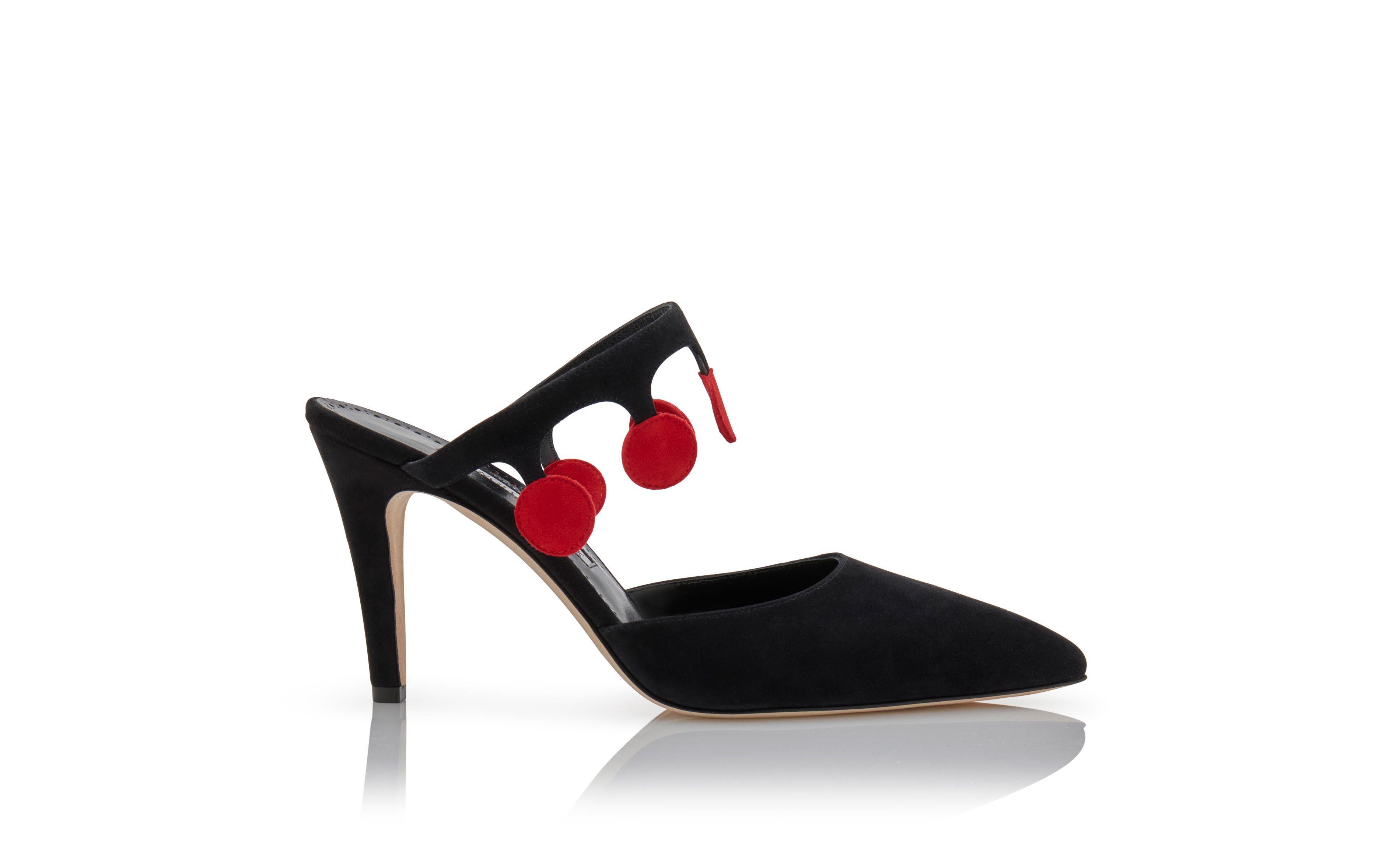Designer Black and Red Suede Pom Pom Detail Mules - Image Side View