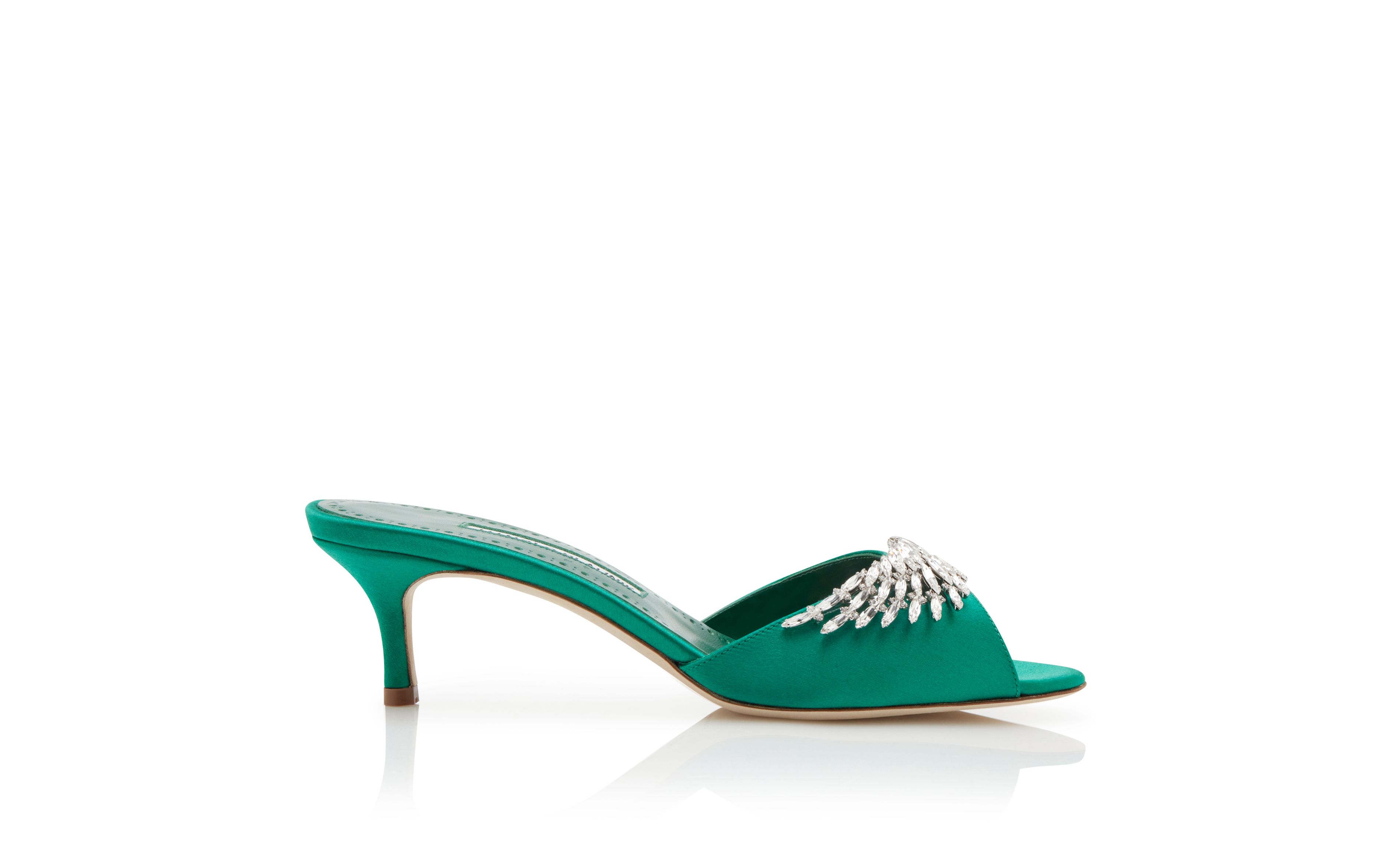 Designer Green Satin Jewel Embellished Mules  - Image Side View