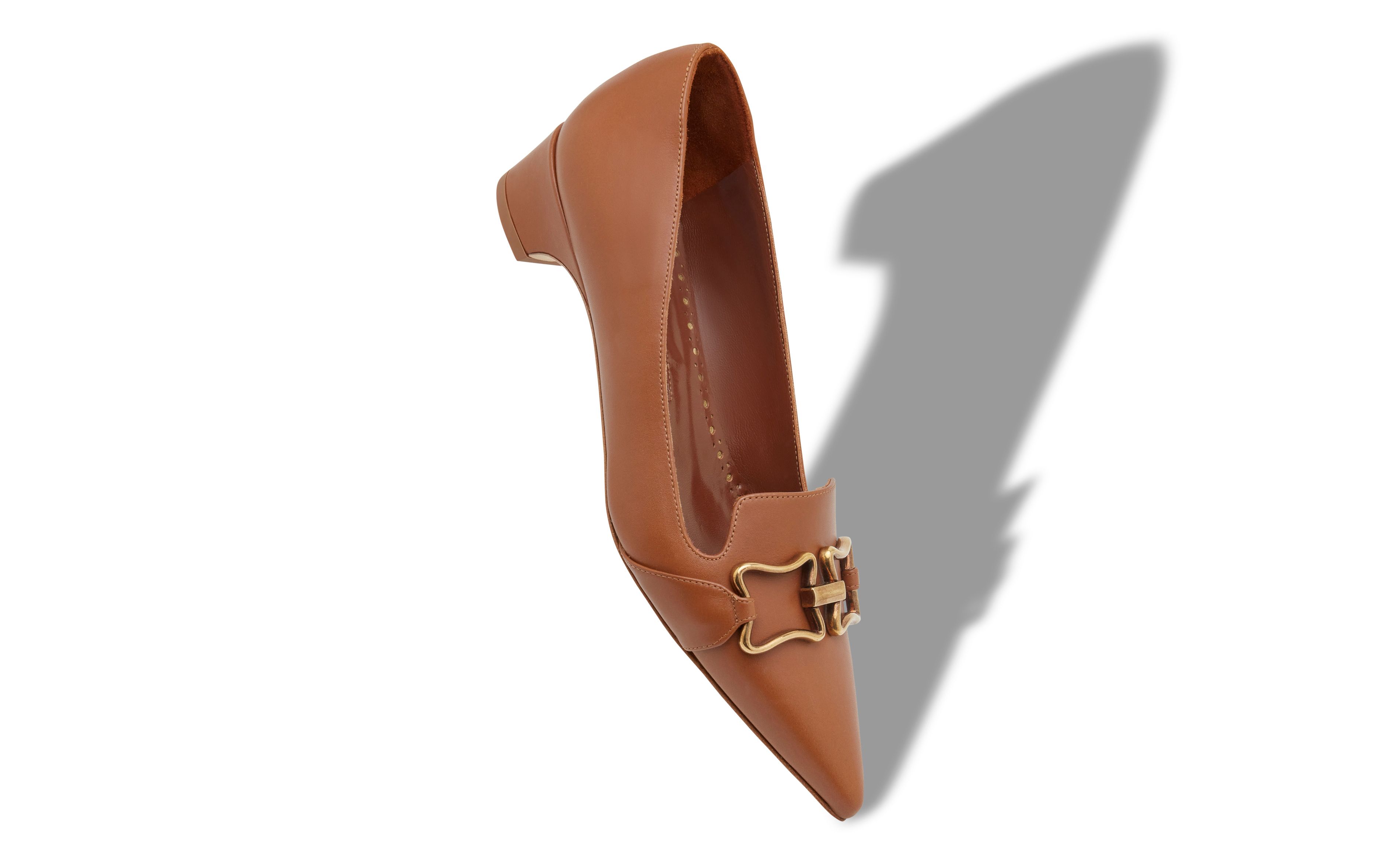 Designer Brown Calf Leather Buckle Detail Pumps - Image small_image