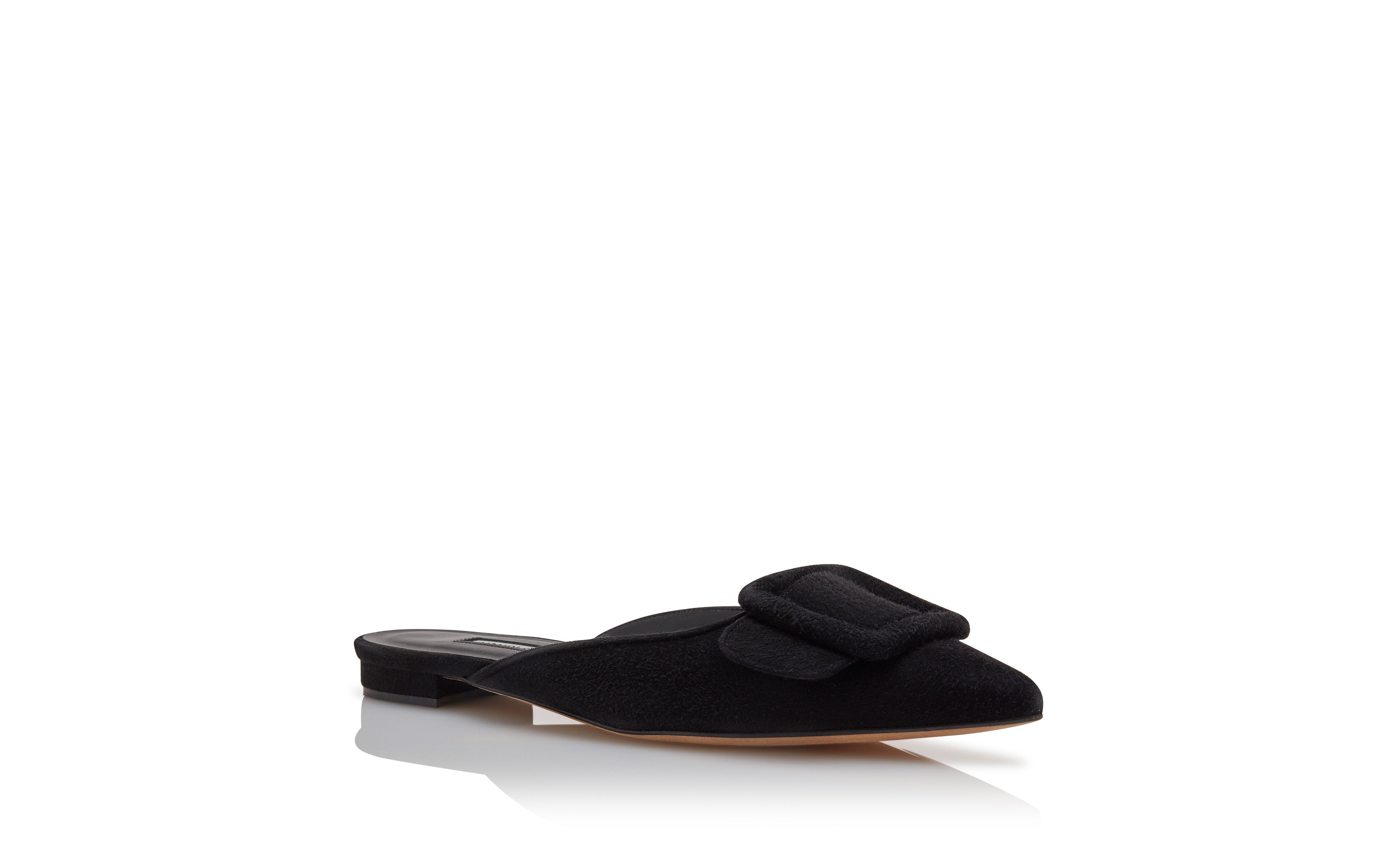 Designer Black Suede Buckle Detail Flat Mules - Image Upsell