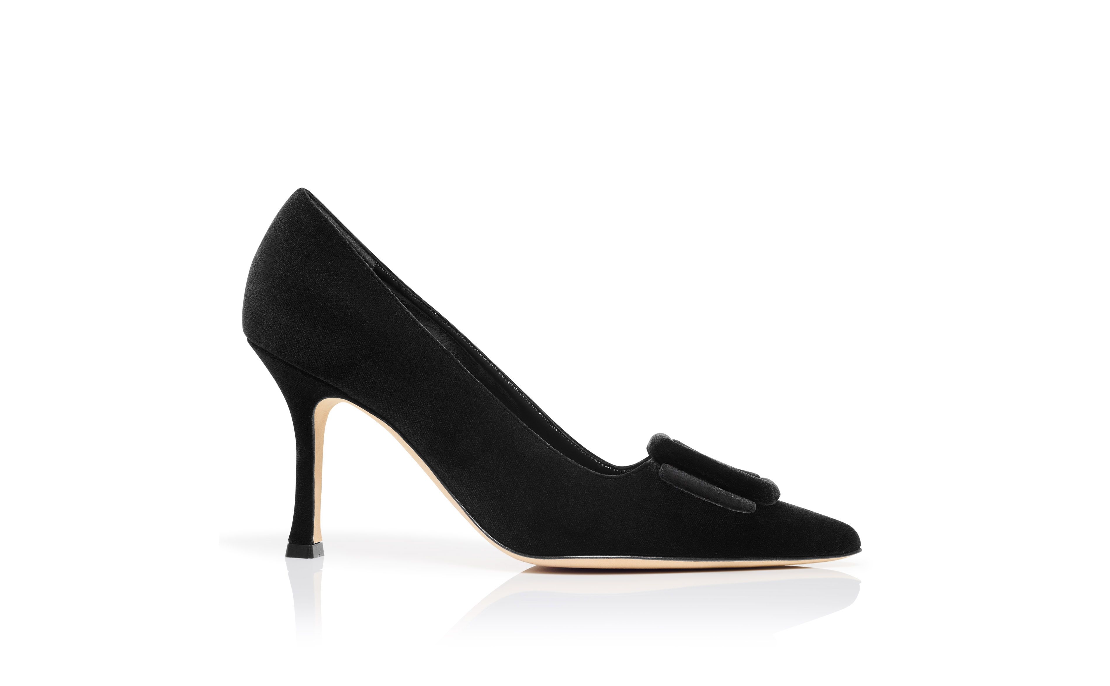 Designer Black Velvet Buckle Detail Pumps - Image Side View