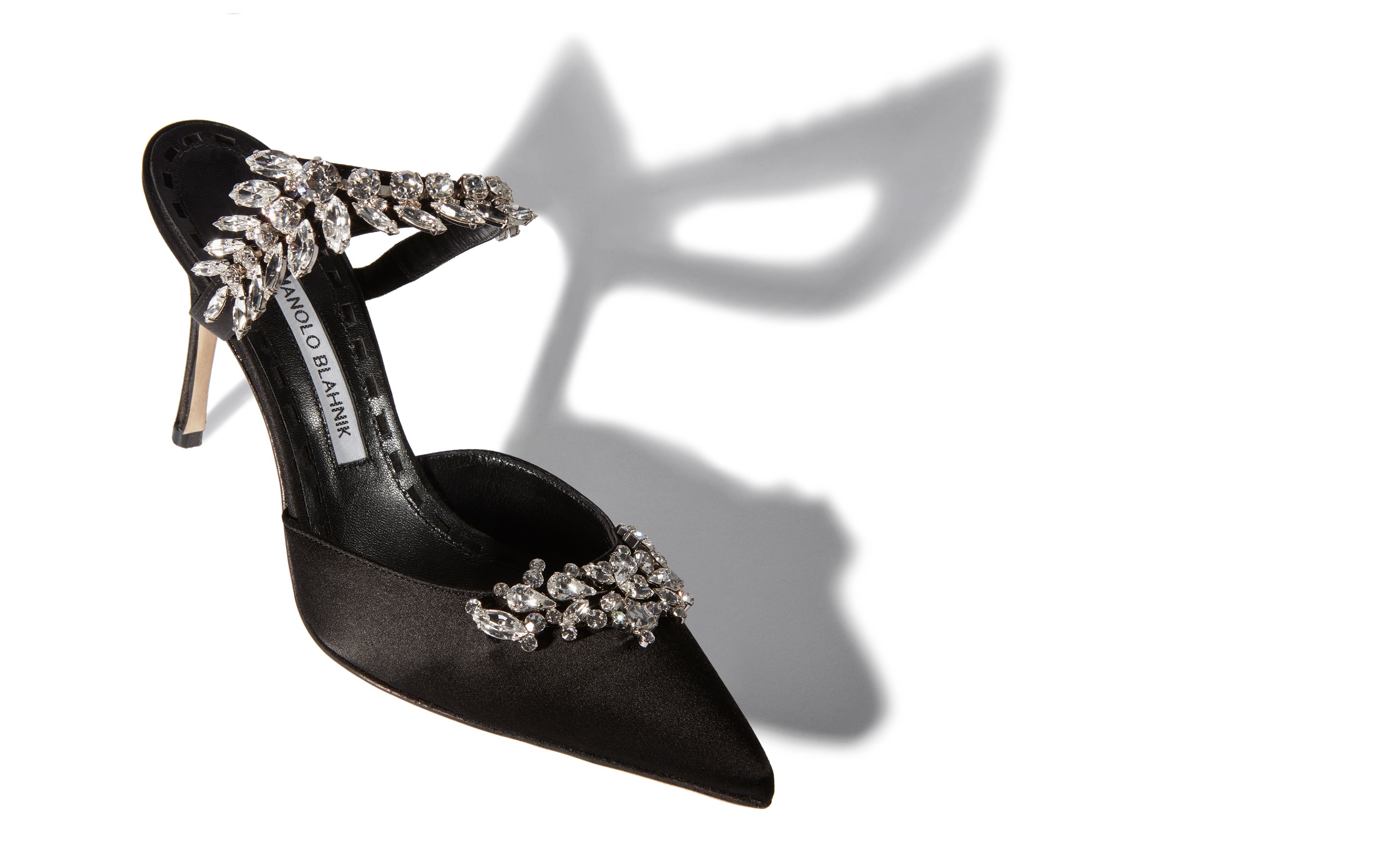 LURUM | Black Satin Crystal Embellished Mules | Manolo Blahnik